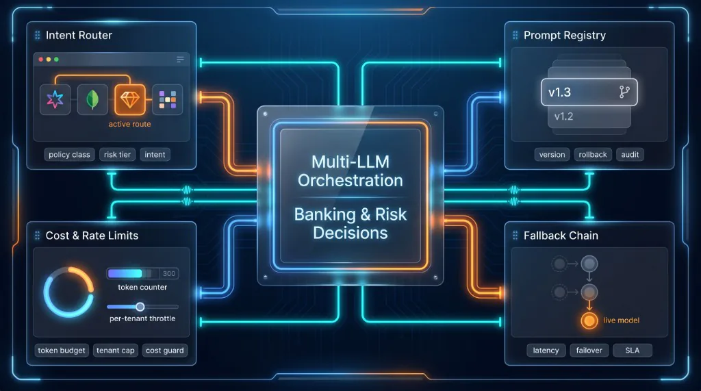 Multi-LLM orchestration hub with intent routing, prompt registry, cost guardrails, and model fallback chain for banking AI