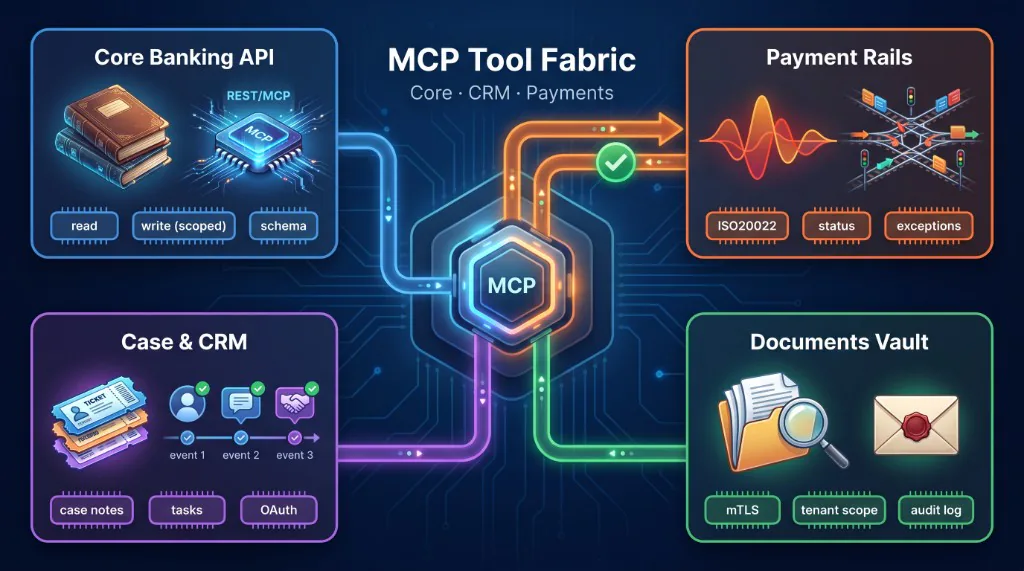 MCP tool fabric connecting core banking APIs, payment rails, case and CRM, and document vault with scoped access and audit logging