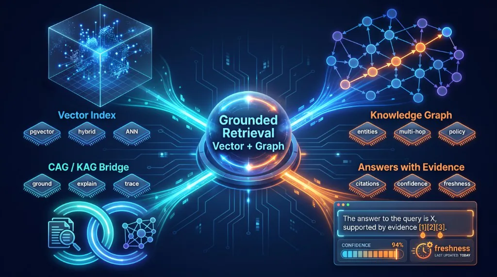 Grounded retrieval diagram with vector index, knowledge graph, CAG or KAG bridge, and answers with citations and confidence