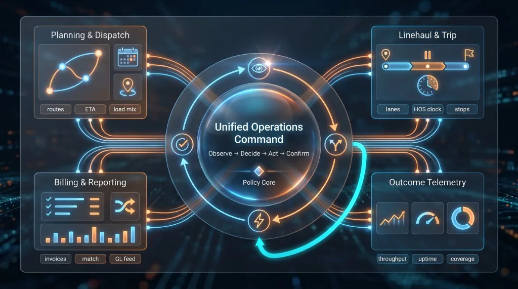 Unified agentic operations command with planning, servicing, payments, treasury quadrants and observe-decide-act-confirm loop