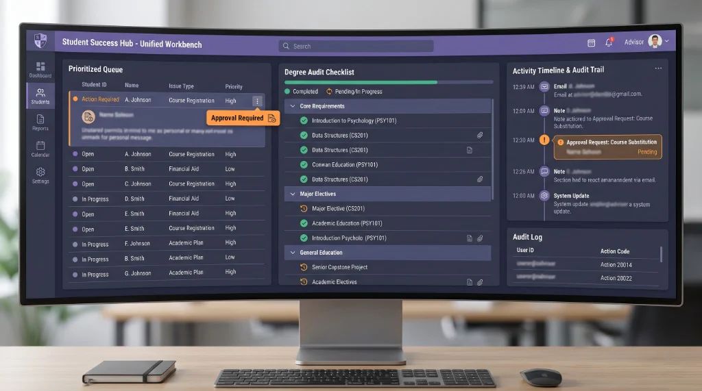 Student success workbench with advising queues, progress signals, and appointment context
