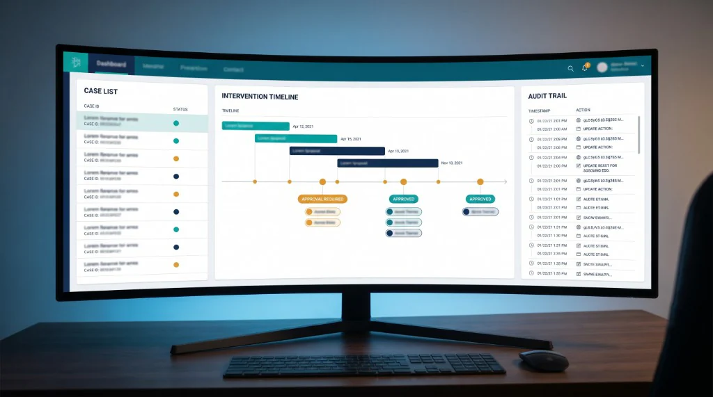 Intervention intelligence workbench with queues, plans, and audit-friendly timelines