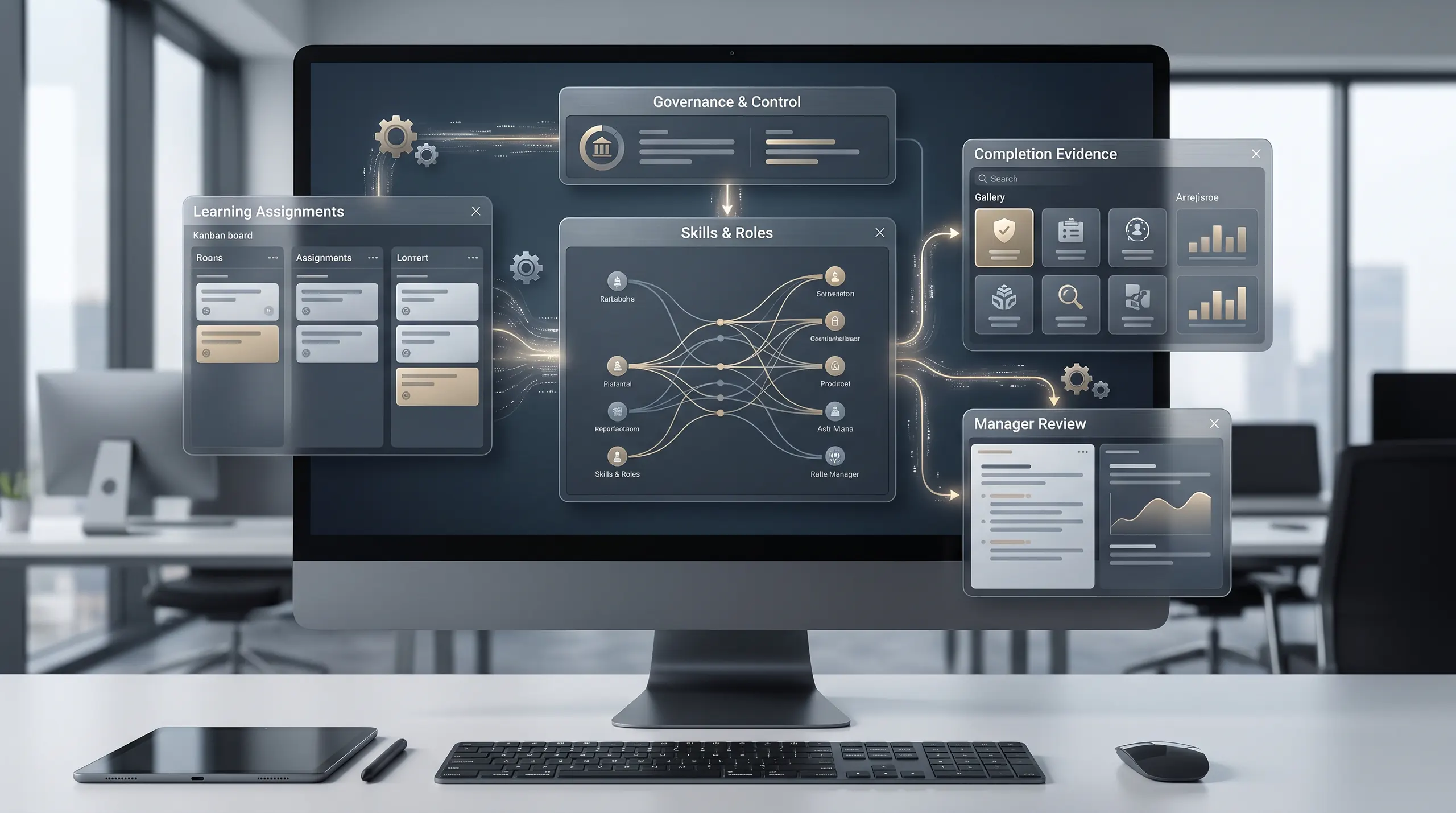 Workforce learning workbench with skills mapping, assignments, and completion evidence