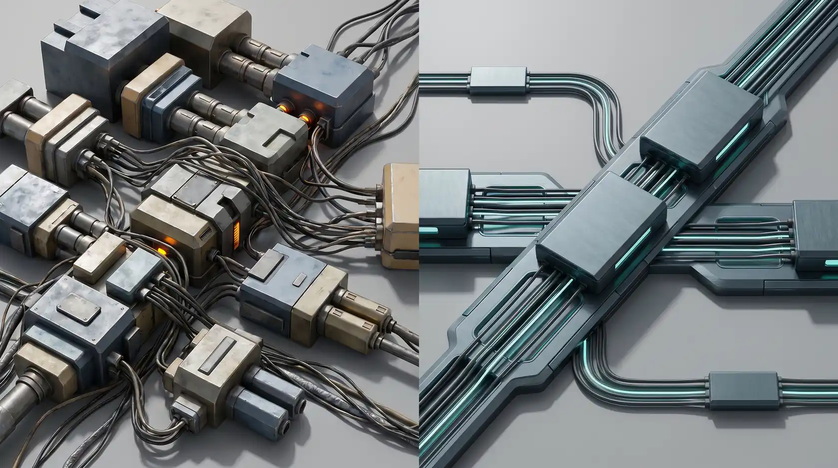 Abstract visualization of fragmented education systems before unified orchestration