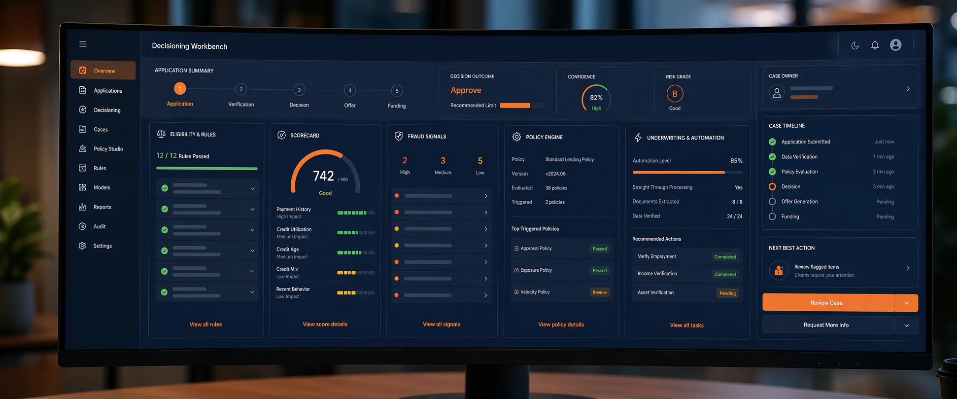 Unified lending decisioning workbench with policy and risk visibility