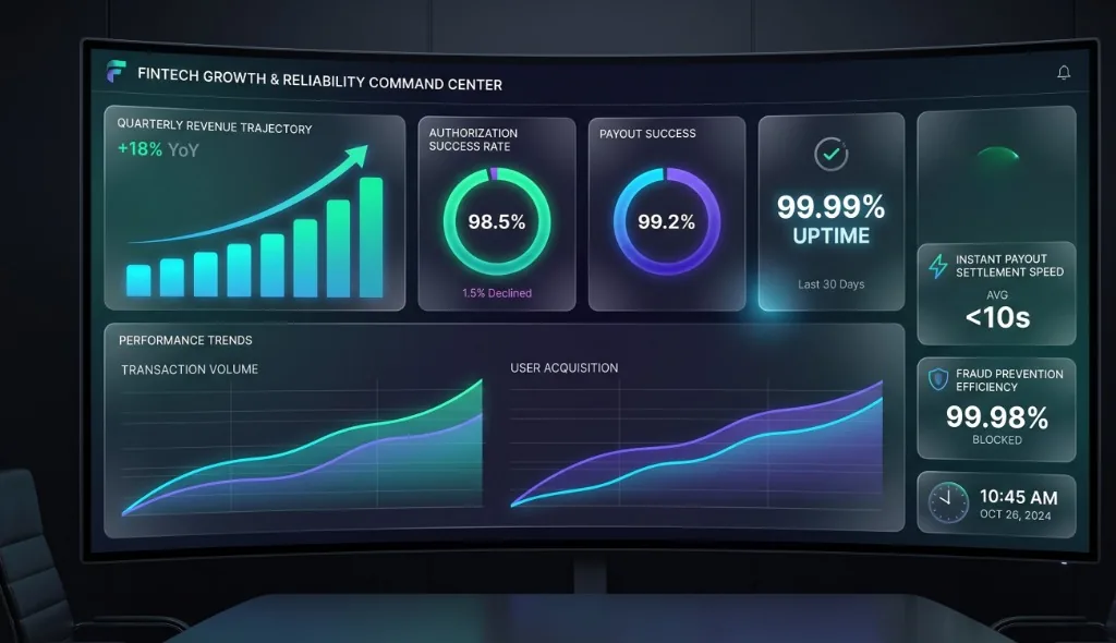 Fintech performance metrics highlighting payment speed and system uptime