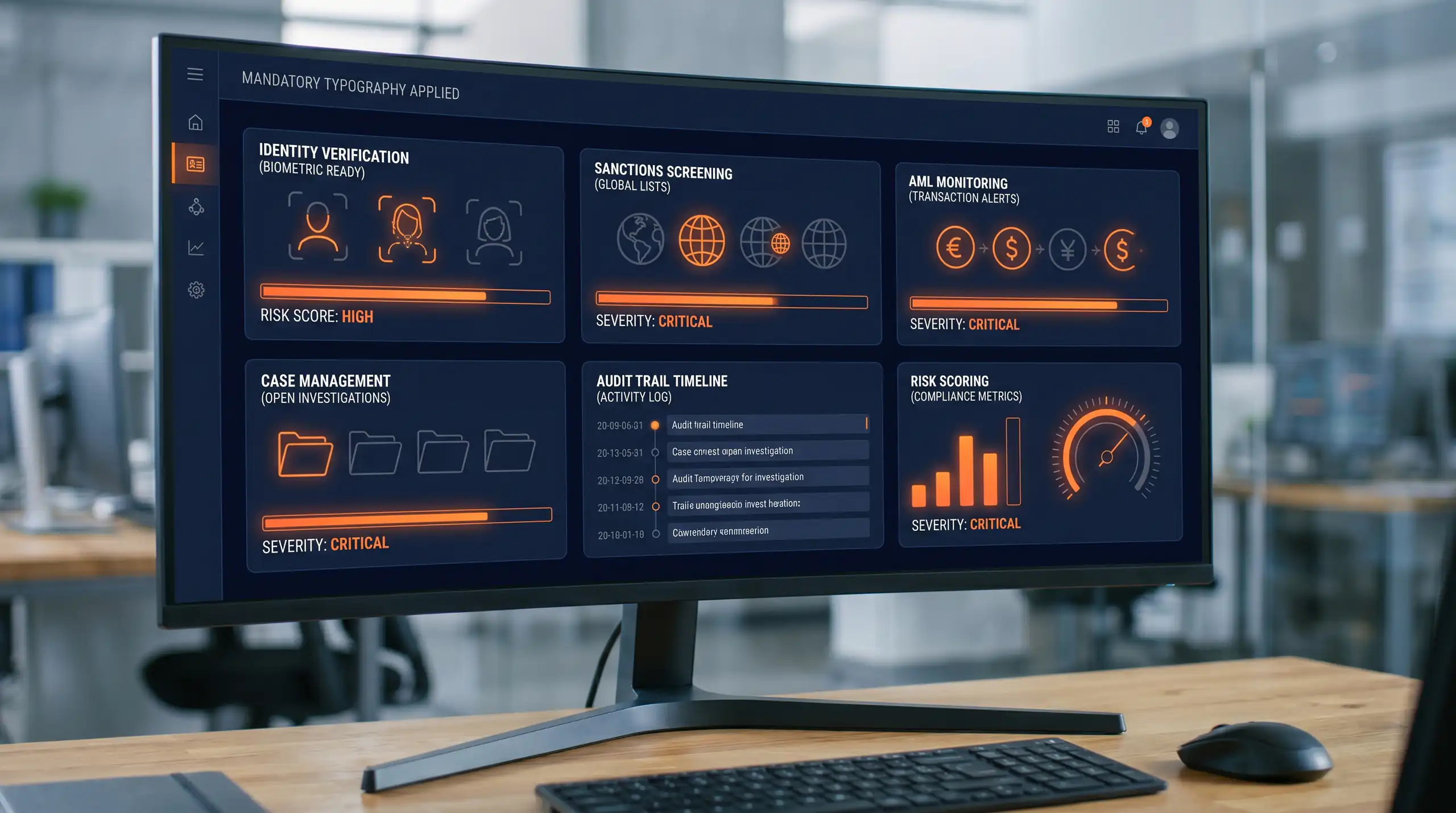 RegTech risk and compliance control center visual for KYC, AML, and audit operations