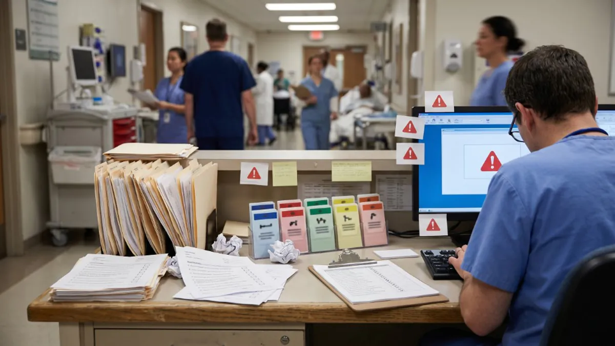 Abstract view of fragmented clinical tasks, alerts, and documentation queues competing for attention