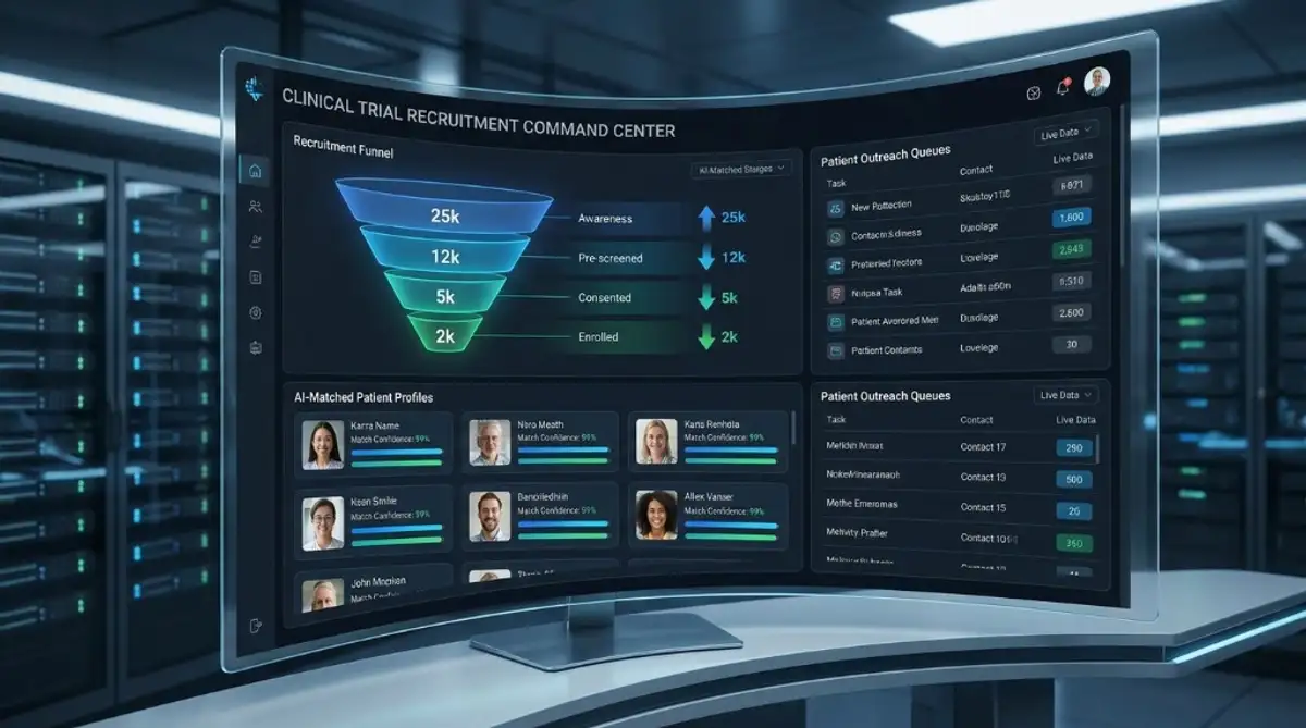 Clinical trial command center with matching funnels, patient outreach queues, and recruitment analytics