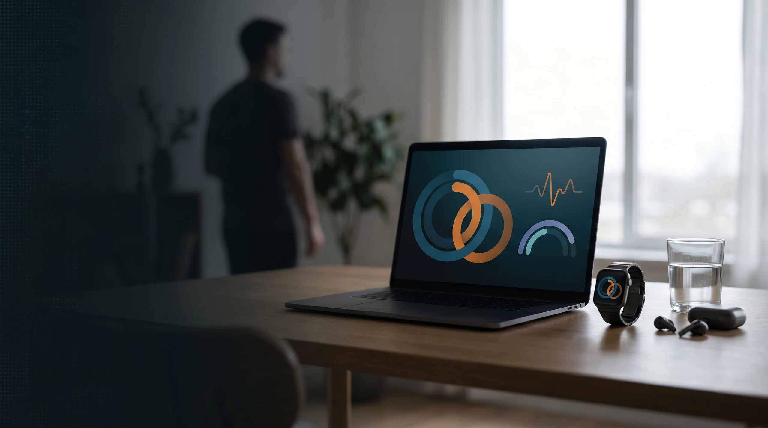 Digital wellness platform hero: calm interface with health metrics and coaching context