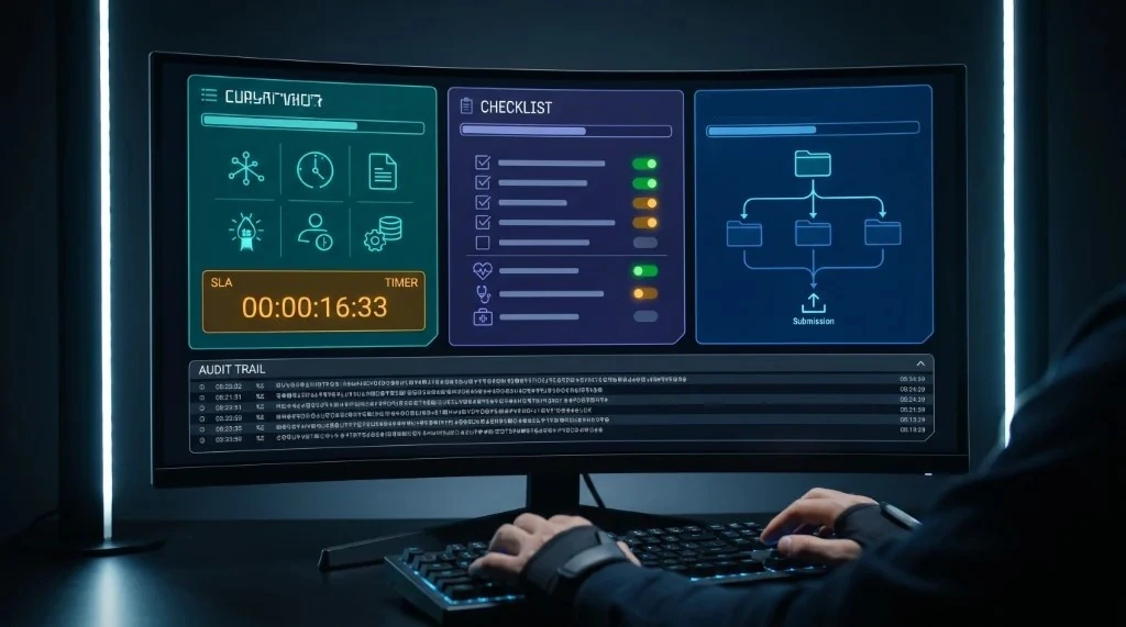 Prior authorization command center dashboard on curved monitor with SLA timer, verification checklist, submission flow, and audit trail
