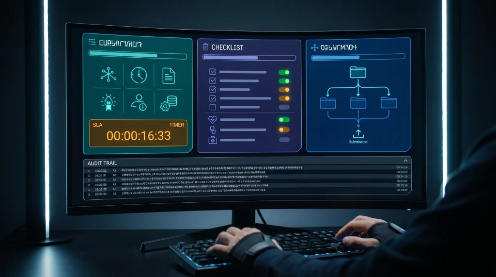 Prior authorization command center with queues, payer timelines, and denial analytics