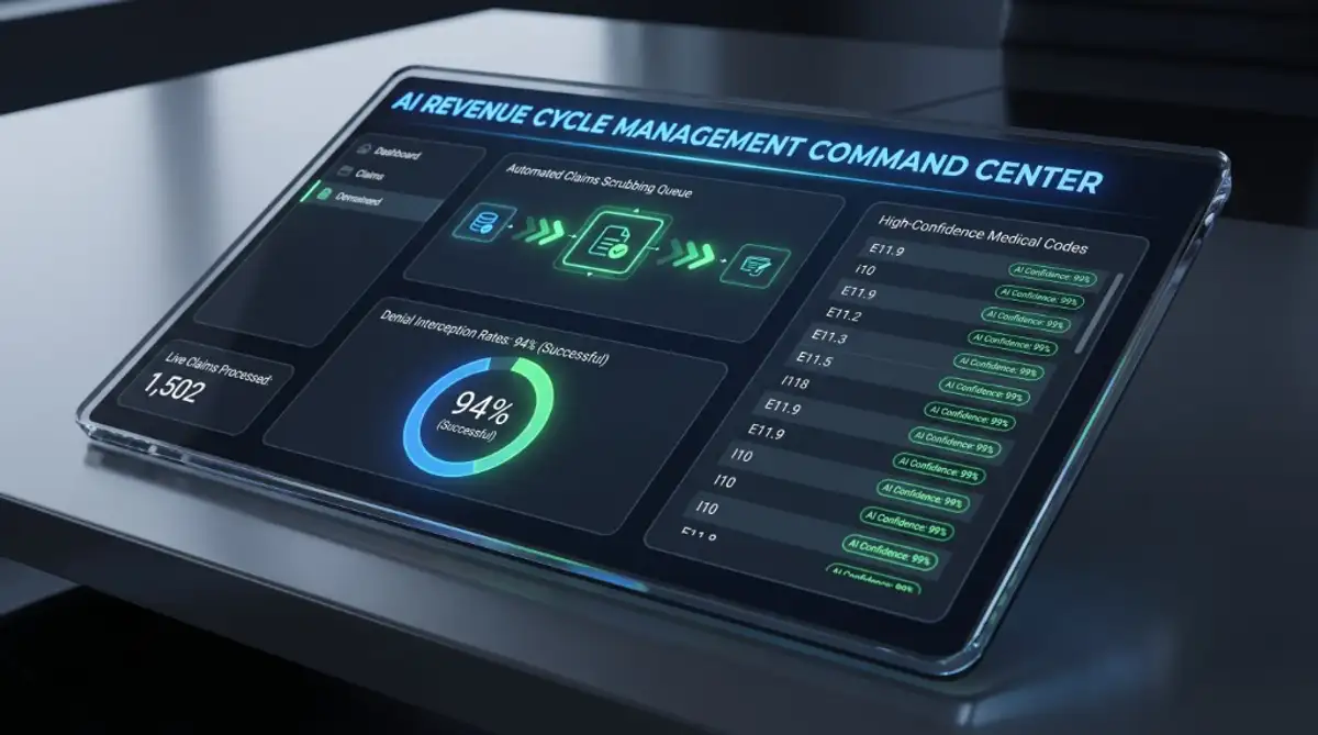 RCM command center UI showing automated claim queues, denial interception rates, and coding confidence scores