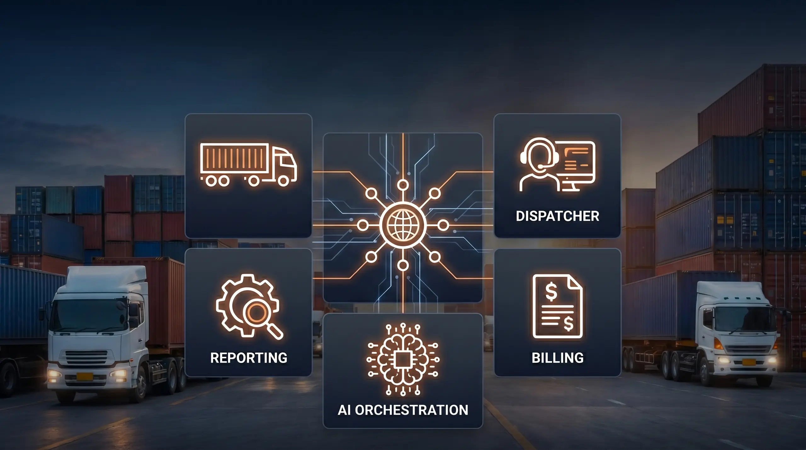 Linehaul AI agent orchestration visual for trip operations, billing, and platform synchronization