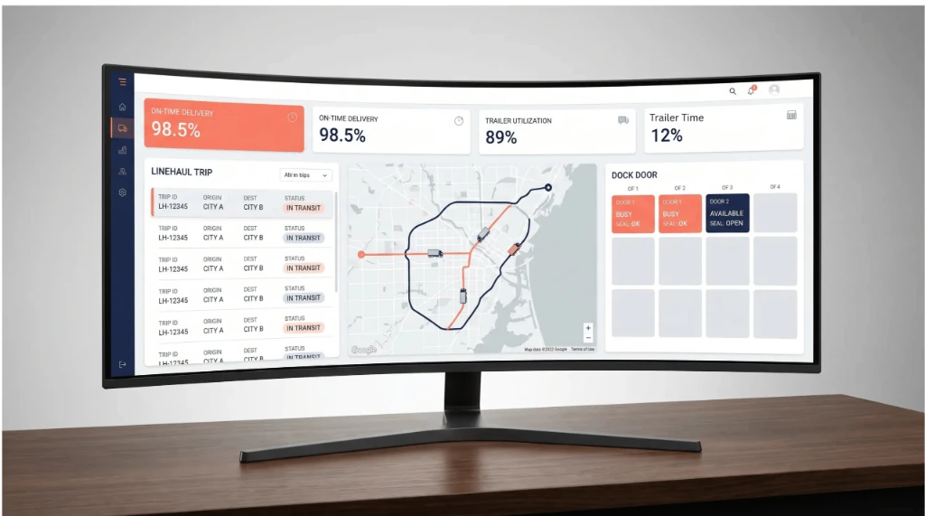 Unified logistics operations curved monitor dashboard showing linehaul trip tracking, trailer utilization, and dock door statuses