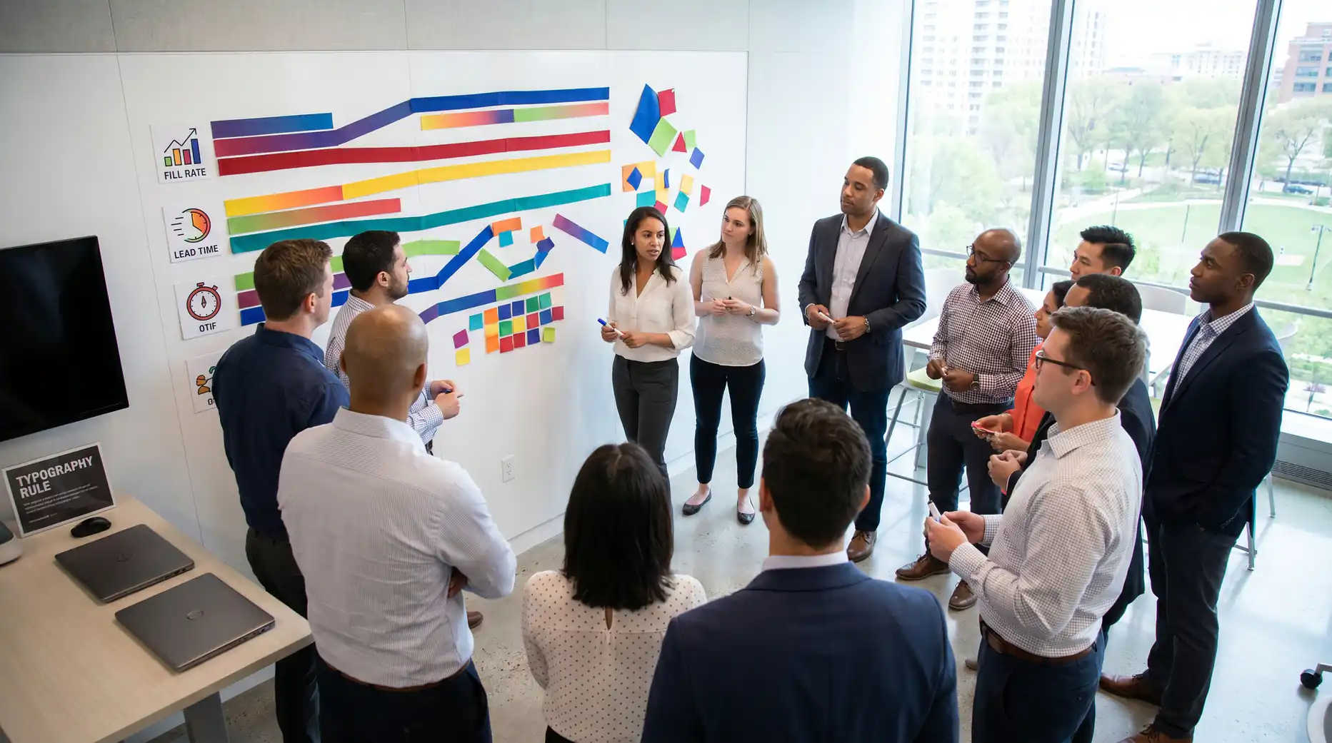 Leadership reviewing supply chain resilience and service metrics