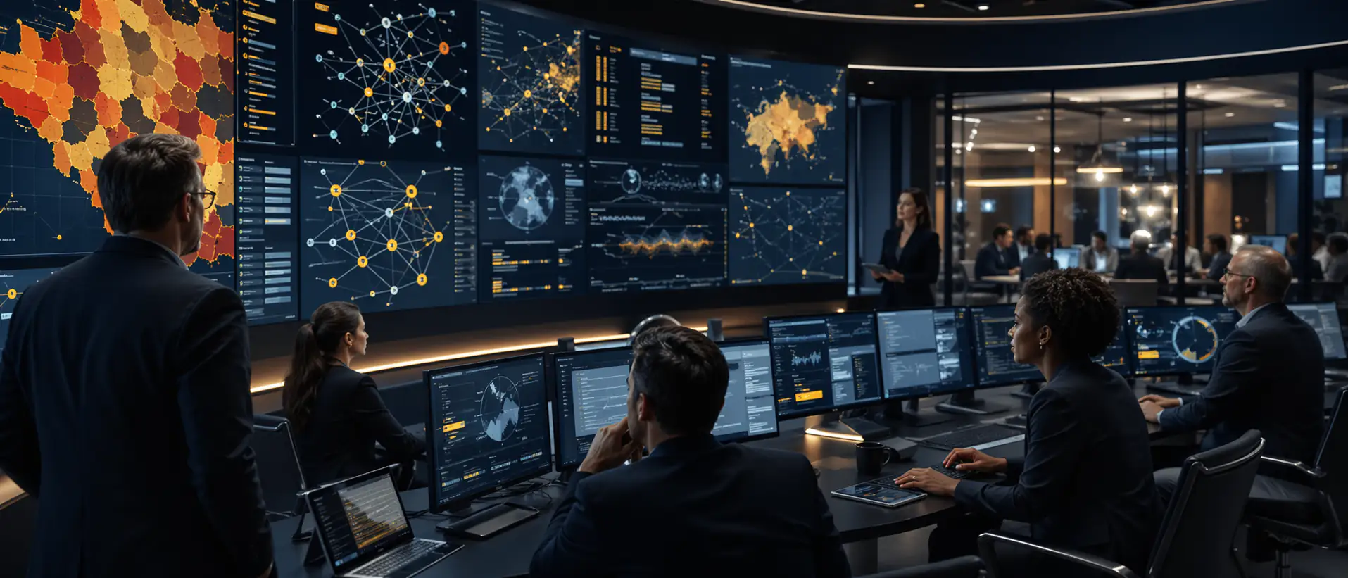 Enterprise resilience war room with risk and scenario displays