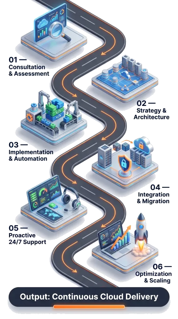 6-Step Cloud and DevOps Lifecycle Roadmap Diagram