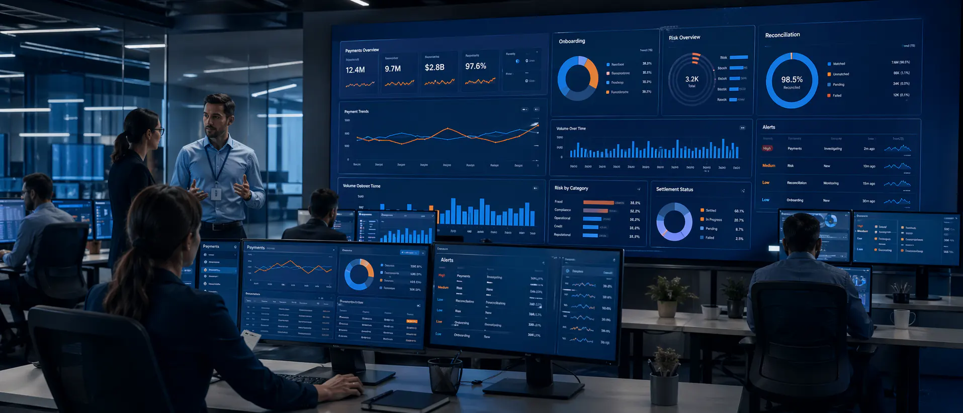Digital banking operations command center with live payment and risk views