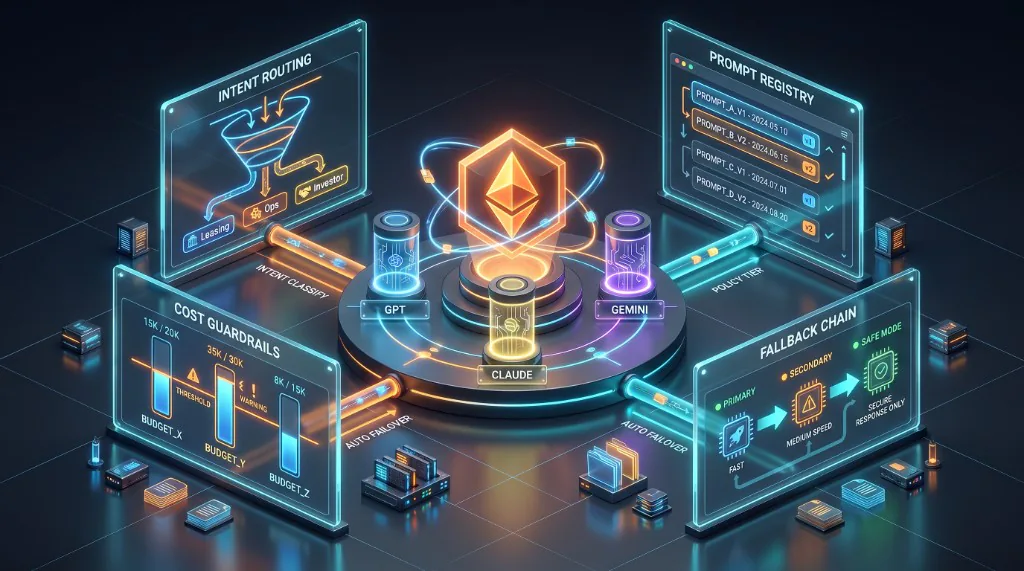 Multi-LLM orchestration for PropTech with intent routing across leasing, operations, and investor workflows, prompt registry, and cost guardrails