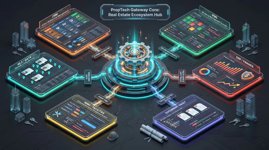 PropTech MCP gateway connecting CRM, property management, IWMS, MLS, ERP, and document vault with secure handoffs and monitoring
